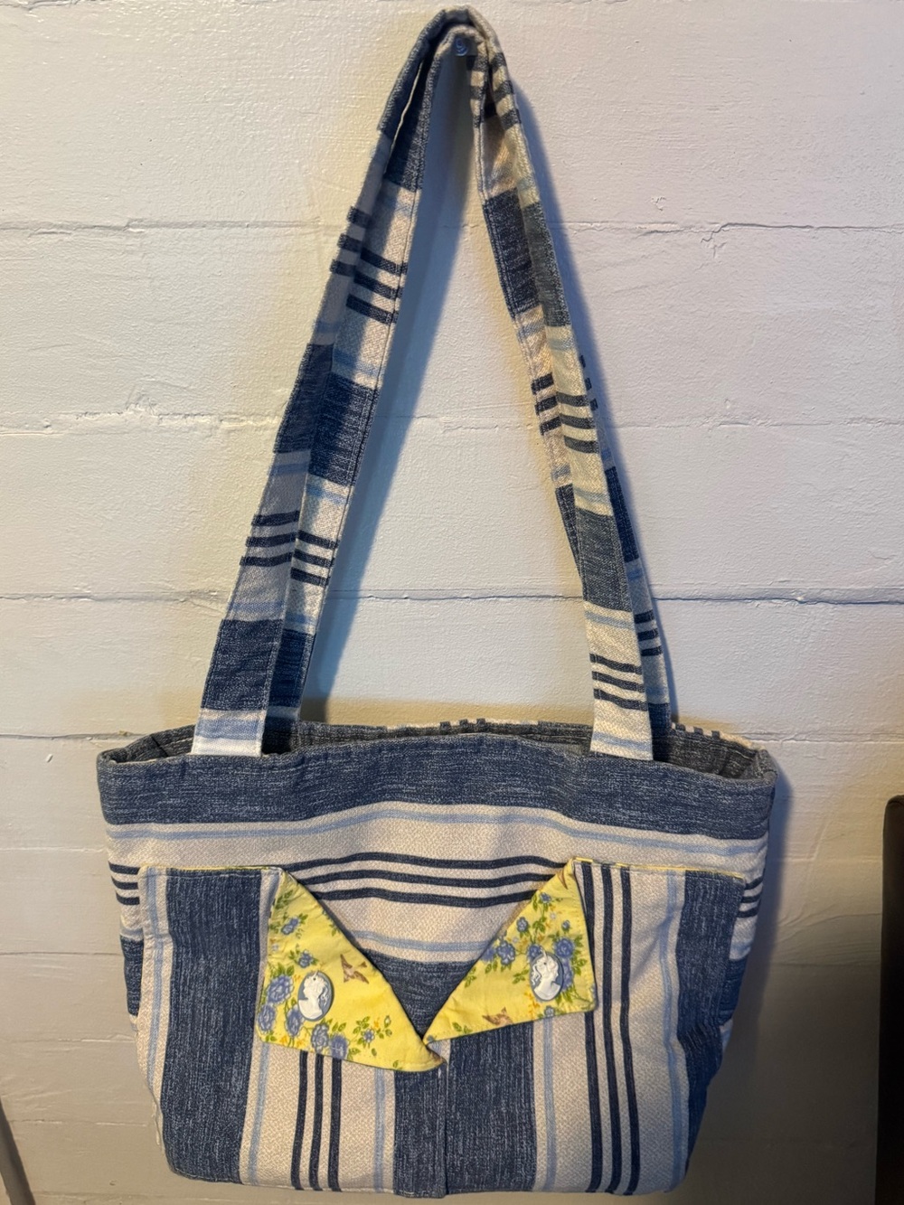 Striped Blue and Cream Tote Bag with Floral & Cameo Accent